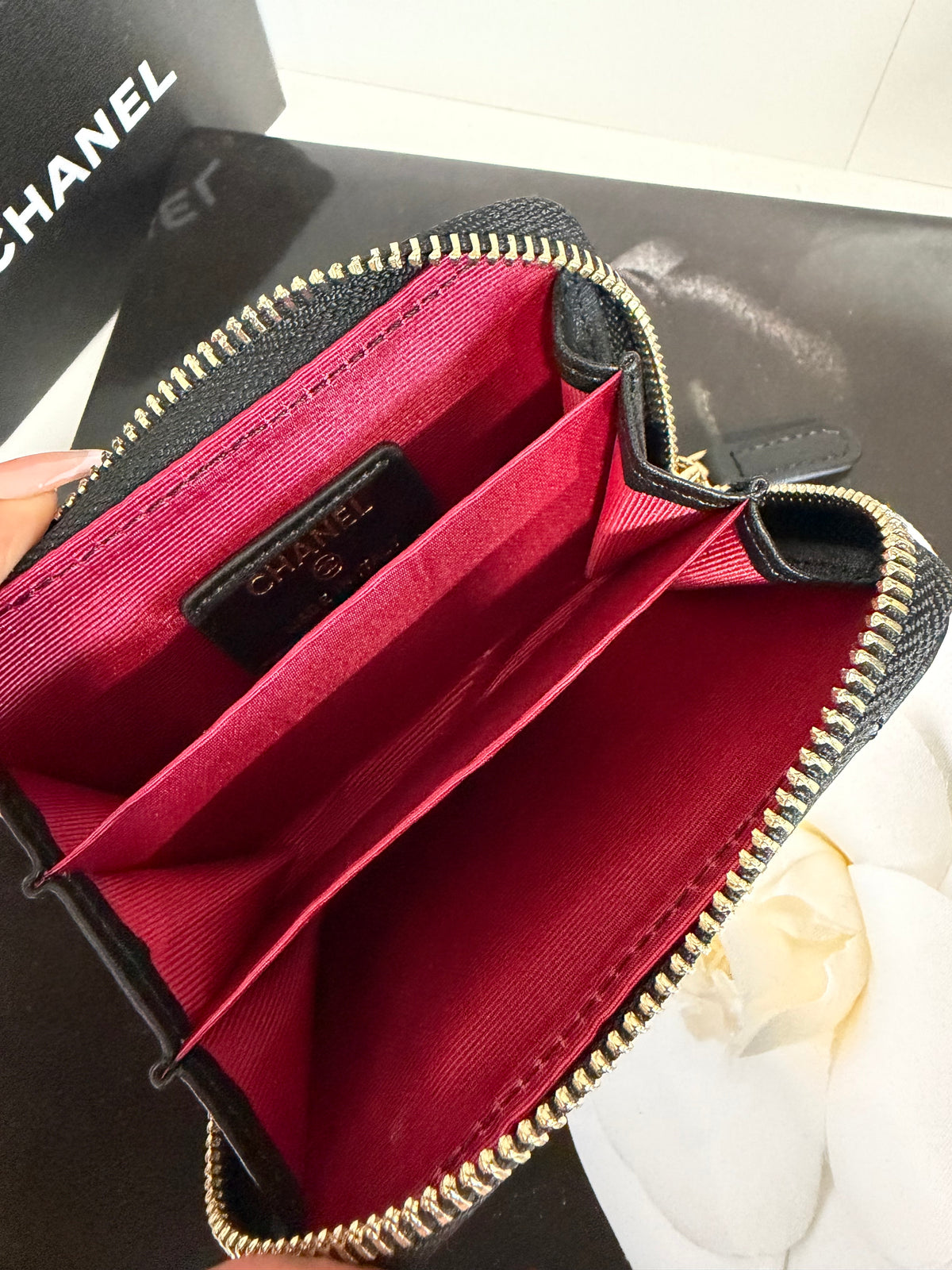 CHANEL Quilted Zip Wallet (black/gold)