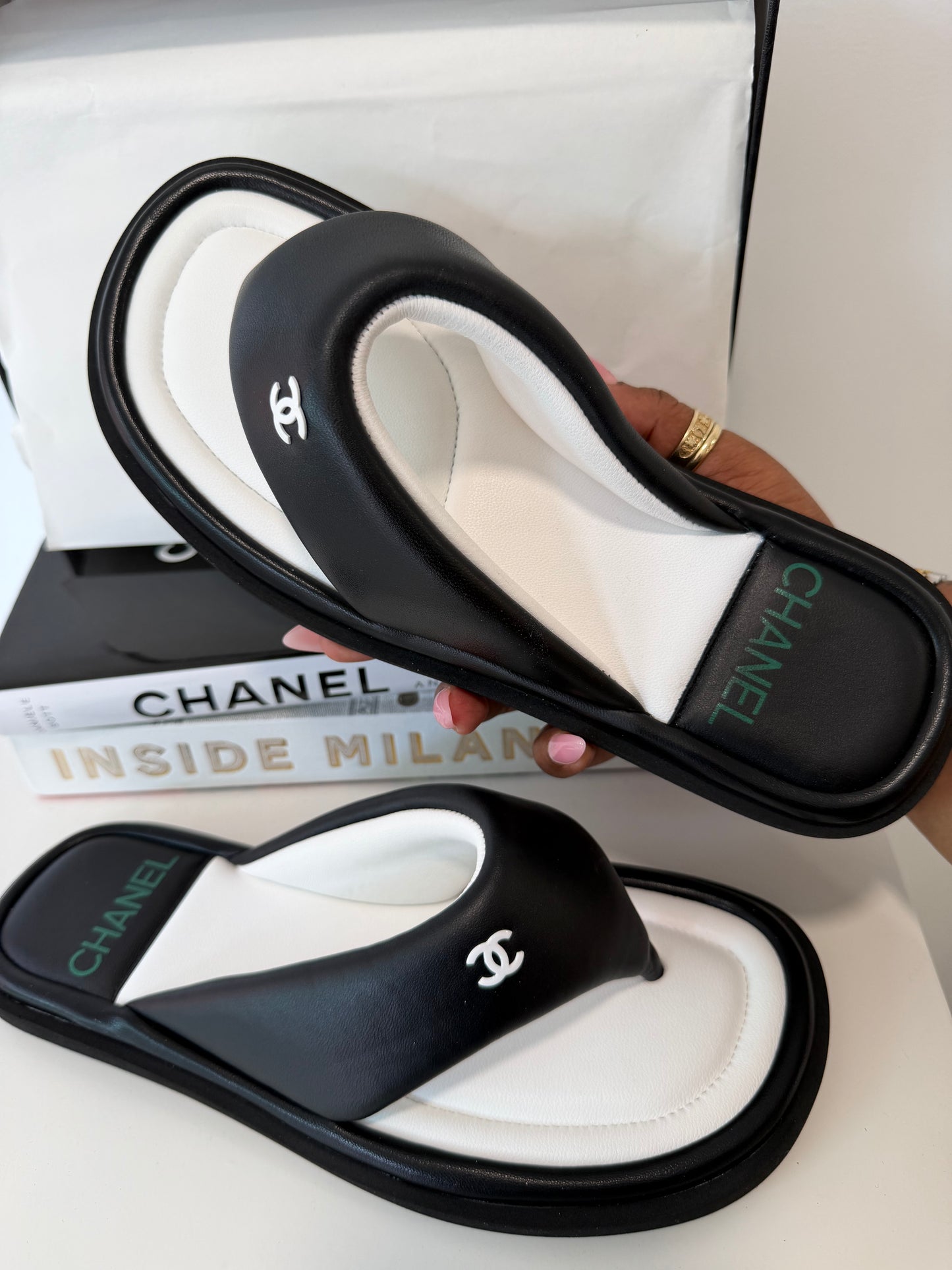 CHANEL Black Plush Leather Sandals